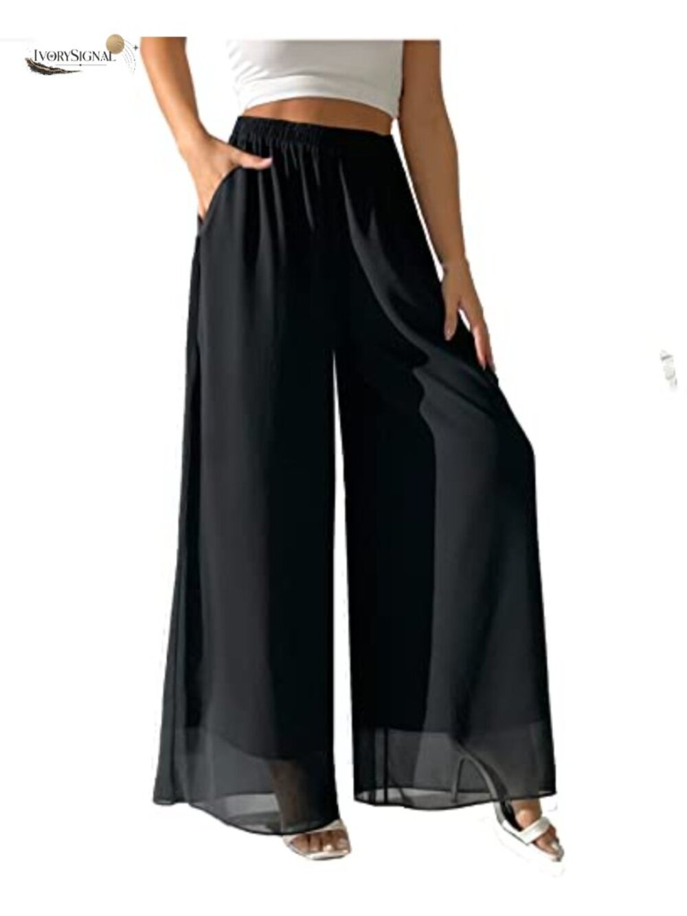 Wide Leg Palazzo Pants Chiffon Elastic Waist High Rise